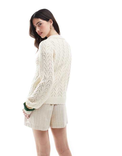 Miss Selfridge - Gebreide top met geschulpte zoom in crème, 4 van 4