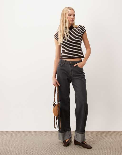 Miss Selfridge gebreide top met mandarijnkraag in chocoladebruine streep, 2 van 4