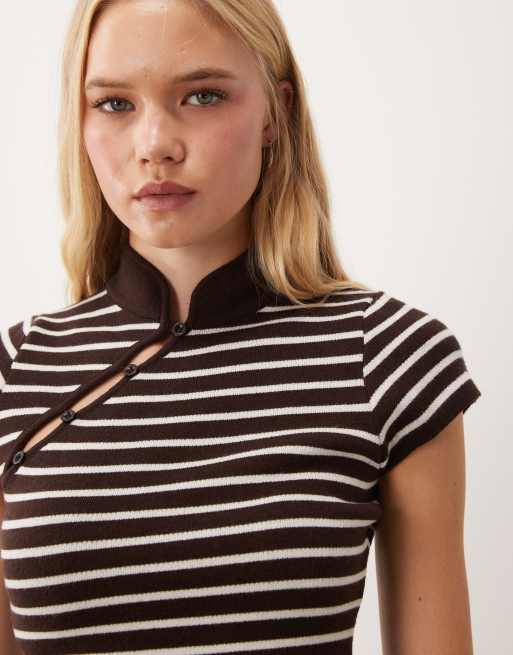 Miss Selfridge gebreide top met mandarijnkraag in chocoladebruine streep, 3 van 4