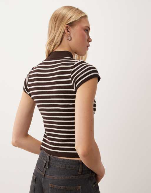 Miss Selfridge gebreide top met mandarijnkraag in chocoladebruine streep, 4 van 4