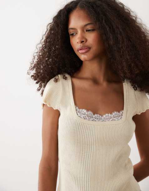 Miss Selfridge - Gebreide top met peplum en kanten rand in lichtgeel - view 1