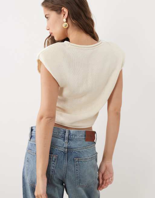 Miss Selfridge - Gebreide top met sterke schouders in crème, 4 van 4