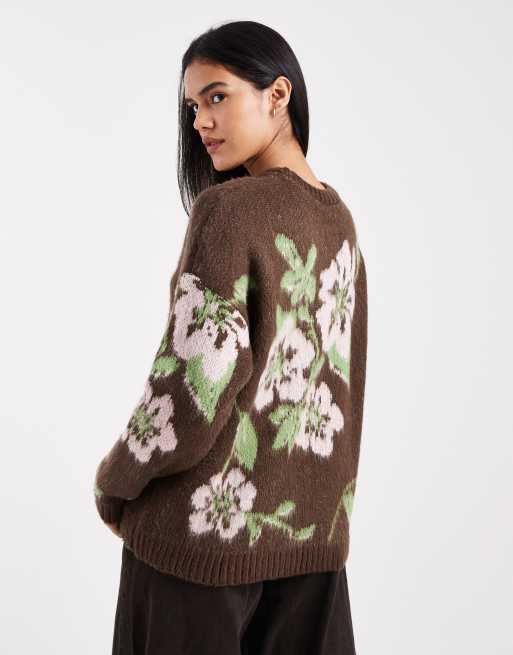 Miss Selfridge - Gebreide trui met bloemenprint in chocoladebruin, 2 van 4
