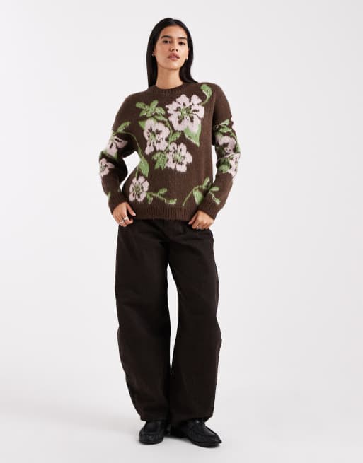 Miss Selfridge - Gebreide trui met bloemenprint in chocoladebruin, 3 van 4