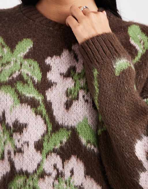 Miss Selfridge - Gebreide trui met bloemenprint in chocoladebruin, 4 van 4