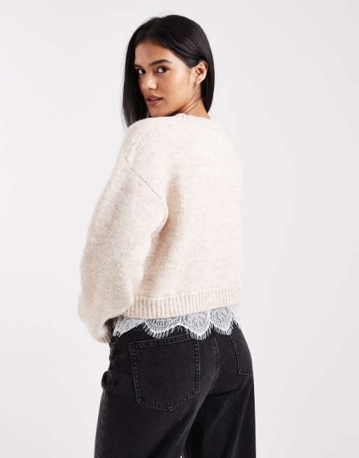 Miss Selfridge - Gebreide trui met kanten zoom in beige, 2 van 4