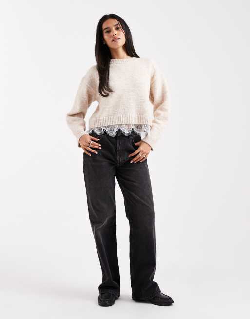 Miss Selfridge - Gebreide trui met kanten zoom in beige, 3 van 4