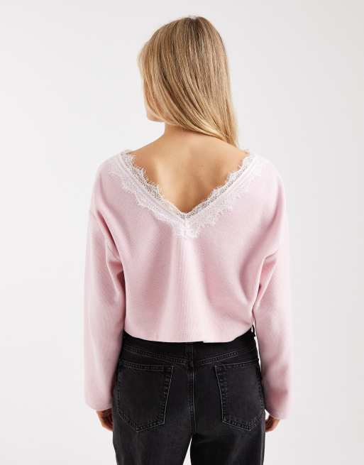 Miss Selfridge – Gebürstetes, geripptes Oberteil in Rosa mit V-Ausschnitt und Spitzenborte, 2 von 4