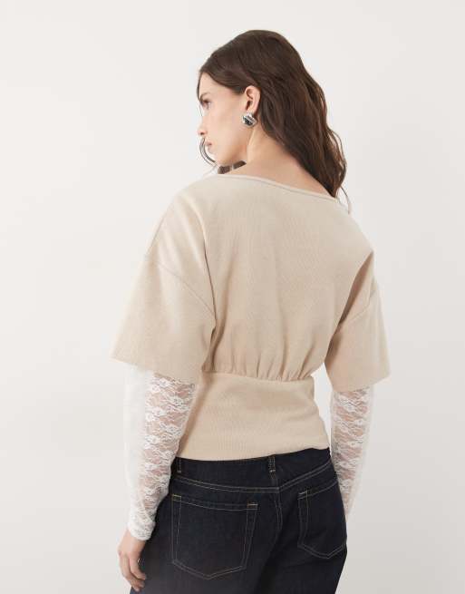 Miss Selfridge gebürstetes Oberteil mit cremefarbenen Spitzenärmeln, 4 von 4