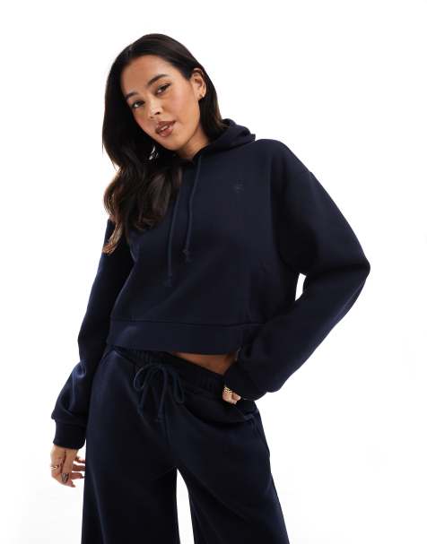 Miss Selfridge – Gefütterter Oversize-Kapuzenpullover aus schwerem Fleece in Indigoblau mit Herzstickerei - view 1