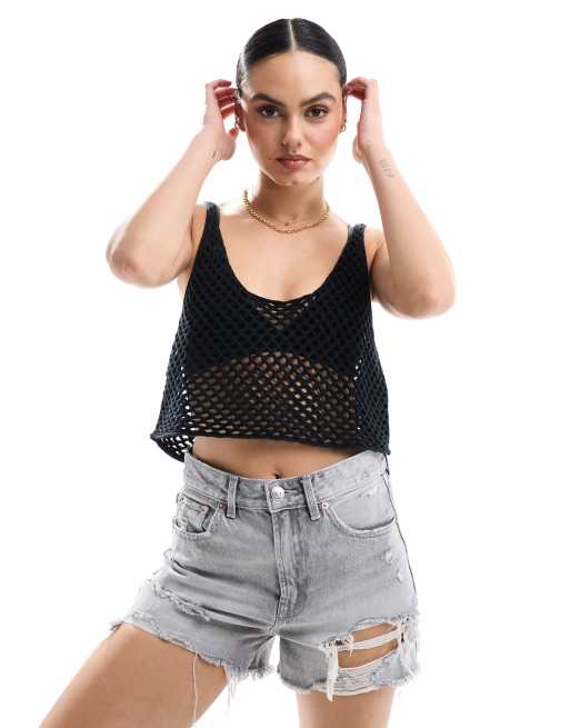 Miss Selfridge - Gehaakt cropped hemdje met open steek in zwart