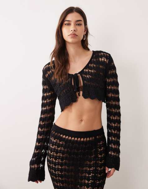 Miss Selfridge - Gehaakt vest met lange mouwen en gestrikte voorkant in zwart - view 1