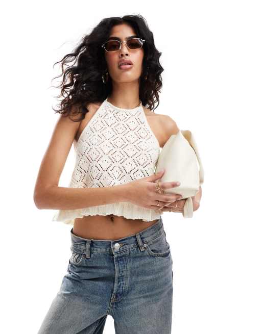 Miss Selfridge - Gehaakte cami met peplum zoom en halternek in crème