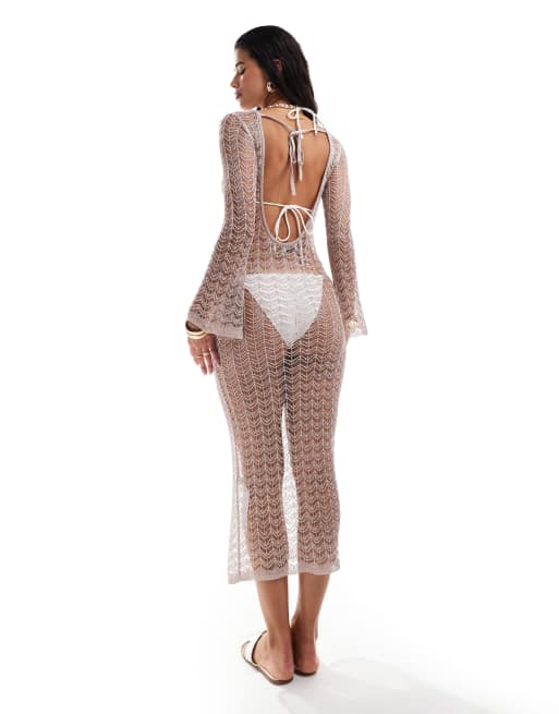 Miss Selfridge - Gehaakte lange uitlopende strandjurk met lage achterkant in metallic goud