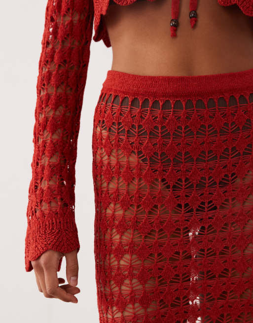 Miss Selfridge - Gehaakte maxi rok in rood, deel van co-ord set, 4 van 5