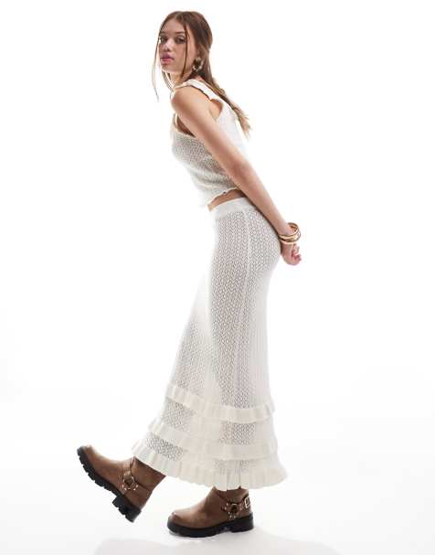 Miss Selfridge - Gehaakte maxirok met ruches in crème, deel van co-ord set - view 1