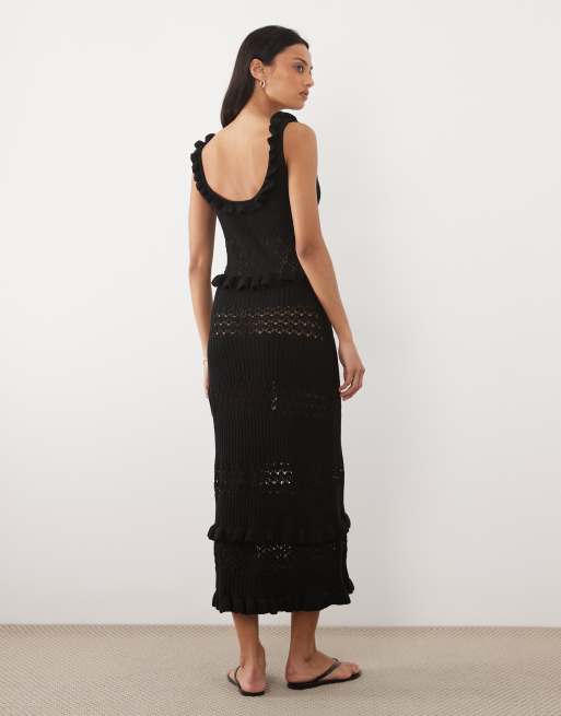 Miss Selfridge - Gehaakte midaxi jurk met ruches in zwart, 4 van 4