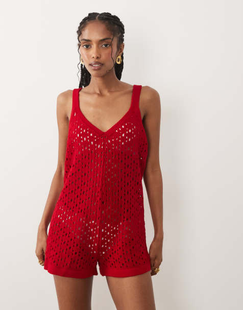 Miss Selfridge - Gehaakte playsuit in rood - view 1