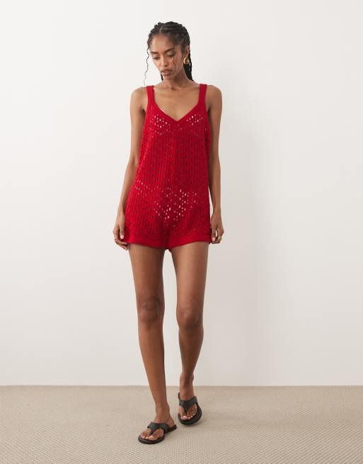Miss Selfridge - Gehaakte playsuit in rood, 2 van 4