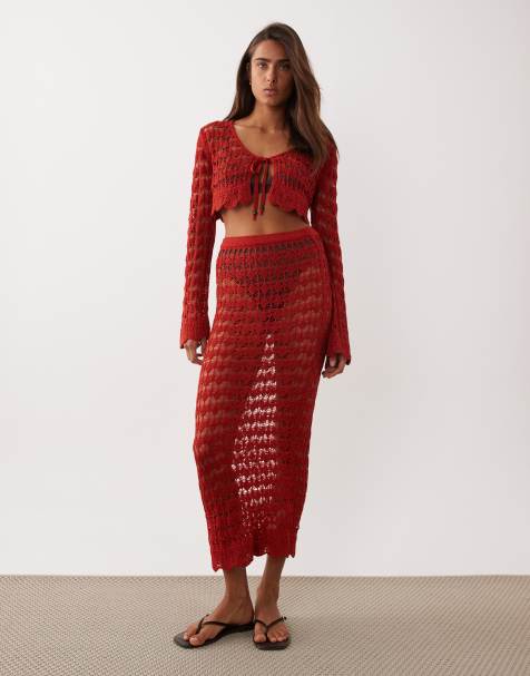 Miss Selfridge – Gehäkelter Maxirock in Rot, Kombiteil - view 1