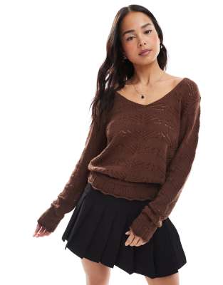 Miss Selfridge - Gehäkelter Pullover in Schokobraun-Weiß