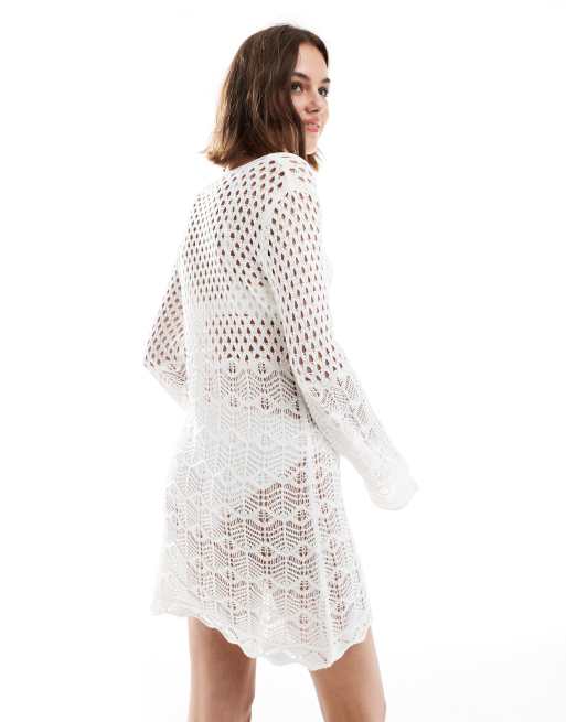 Miss Selfridge – Gehäkeltes, langärmliges Strand-Minikleid in Cremeweiß, 4 von 4