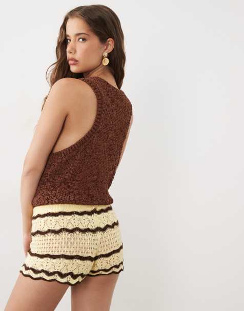 Miss Selfridge – Gehäkeltes Shorts in Gelb und Schokobraun gestreift, Kombiteil - view 1