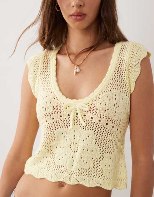 Miss Selfridge gehäkeltes Stricktop mit Rückenausschnitt in Buttermilch, 4 von 4