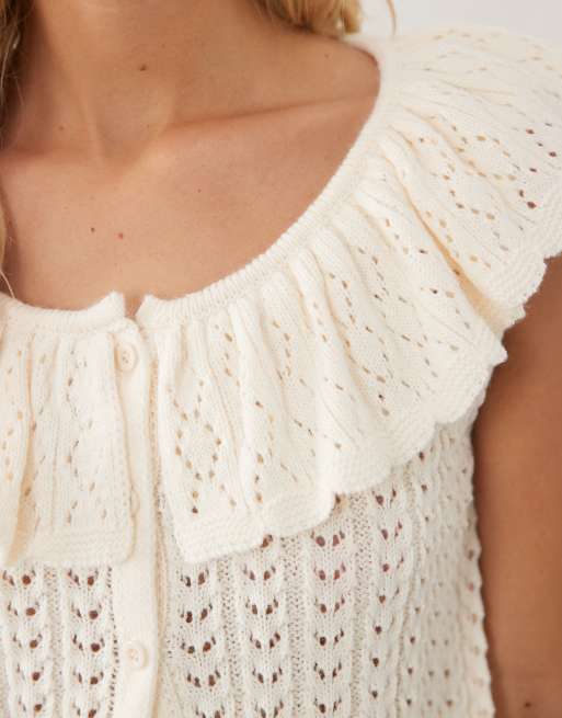 Miss Selfridge gehäkeltes Tanktop mit Kragendetail in Cremeweiß, 3 von 4