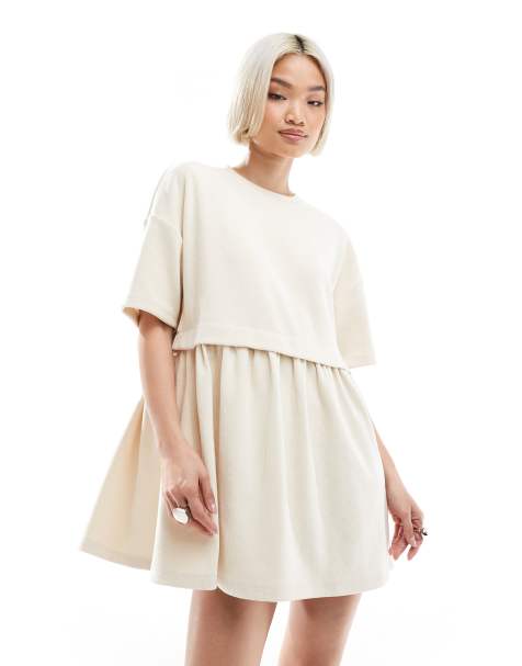 Miss Selfridge gelaagde, aangerimpelde jurk met ribbels en korte mouwen in ecru - view 1