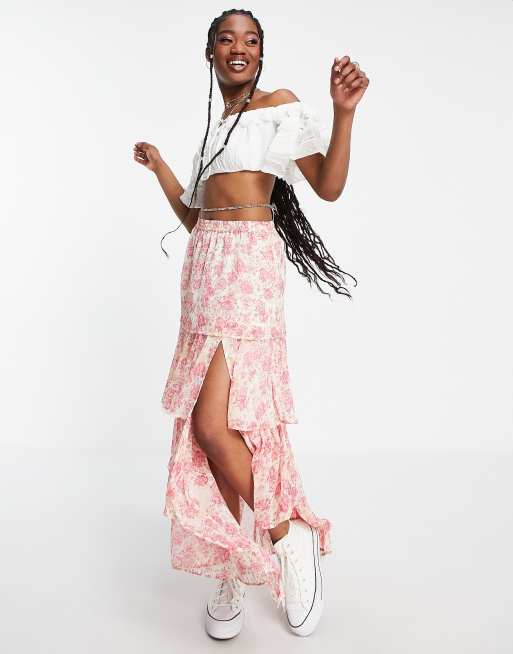 Miss Selfridge - Gelaagde maxi rok van chiffon met ruches en bloemenprint