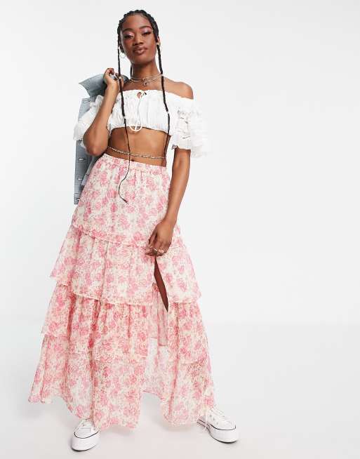 Miss Selfridge Gelaagde maxi rok van chiffon met ruches en bloemenprint