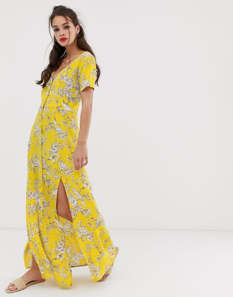Miss Selfridge – Gelb gemustertes Maxikleid mit Knopfleiste