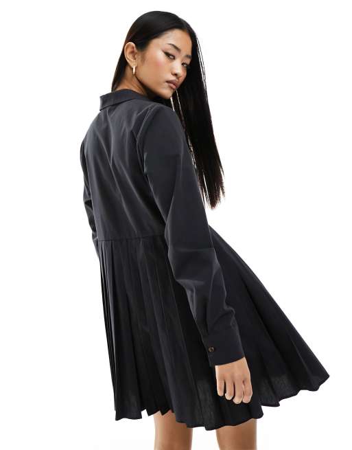 Miss Selfridge - Geplooide poplin overhemdjurk in zwart, 2 van 4