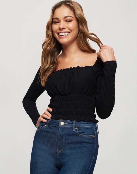 Miss Selfridge – Geraffte Bluse mit eckigem Ausschnitt in Schwarz - view 1