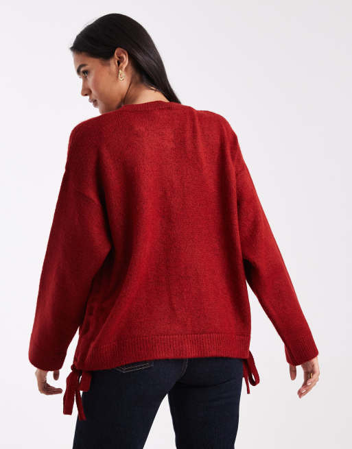 Miss Selfridge – Geraffte Strickjacke in Burgunderrot mit seitlichem Bindedetail, 2 von 4