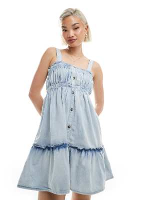 Miss Selfridge - Gerafftes Minikleid aus Chambray-Blau