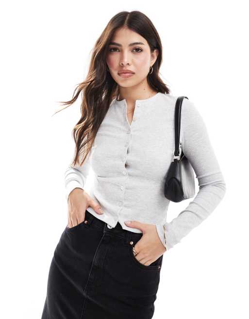 Miss Selfridge - Geribbeld vest met knoopsluiting en ronde hals in gemêleerd grijs