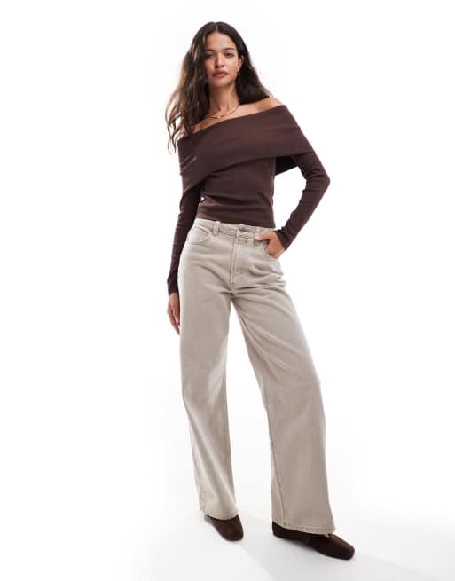 Miss Selfridge - Geribbelde bardot-top met brede omslag in chocoladebruin, 3 van 4