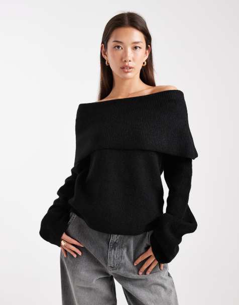 Miss Selfridge - Geribbelde bardot-top met brede omslag in zwart - view 1