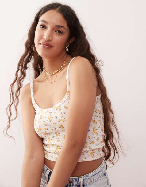 Miss Selfridge - Geribbelde cami-top met strikje en randje in fijne print - view 1