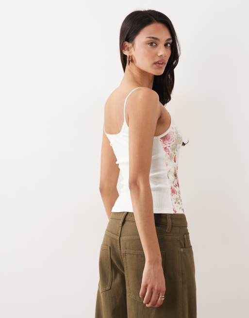 Miss Selfridge - Geribbelde camitop met picotrandje en oversized bloemenprint in wit, 2 van 4