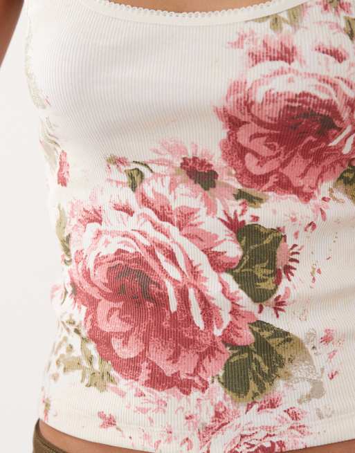 Miss Selfridge - Geribbelde camitop met picotrandje en oversized bloemenprint in wit, 4 van 4