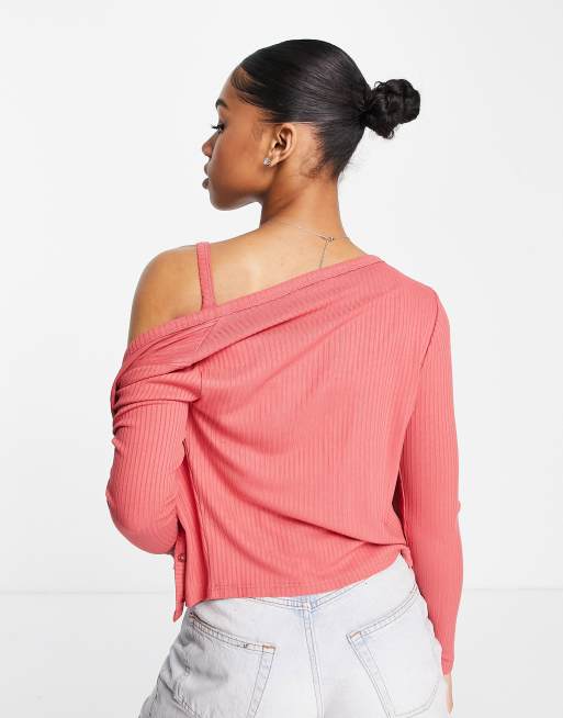 Miss Selfridge - Geribbelde co-ord set met vest en hemdje in rozes, 2 van 4