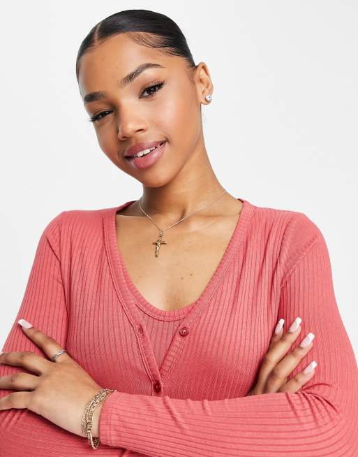 Miss Selfridge - Geribbelde co-ord set met vest en hemdje in rozes, 4 van 4
