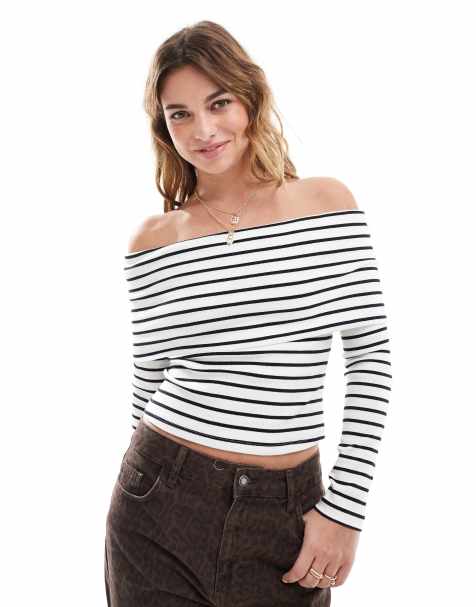Miss Selfridge - Geribbelde gestreepte bardottop met brede overslag - view 1