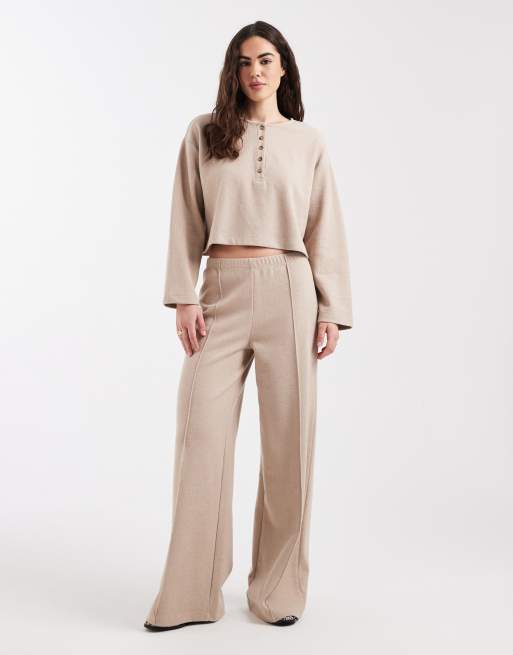 Miss Selfridge - Geribbelde henley top in lichtbeige, deel van co-ord set, 2 van 4