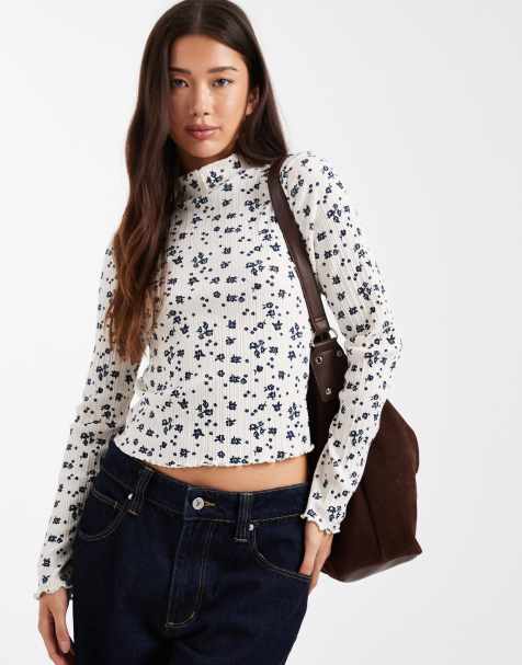 Miss Selfridge - Geribbelde hoogsluitende top in fijne print - view 1