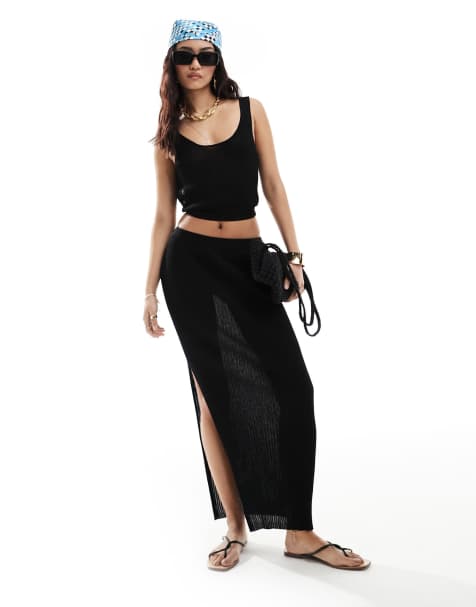 Miss Selfridge - Geribbelde maxi strandrok in zwart - view 1