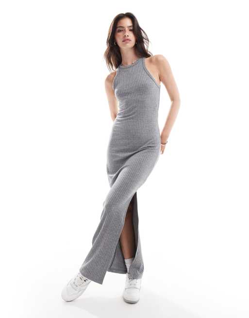 Miss Selfridge - Geribbelde midi jurk met halternek in gemêleerd grijs